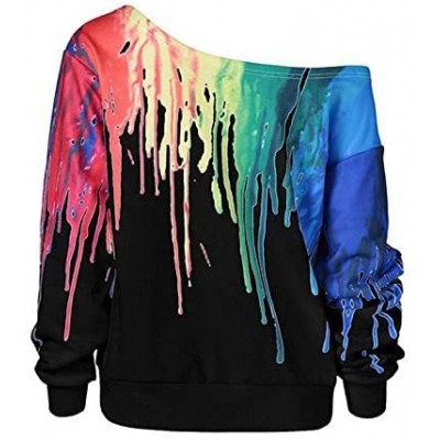 Thermal Underwear Women Slanted Shoulder Plus Size T-Shirt Rainbow Color Printed Long-Sleeved Top - Black - CT18XLWNEXW