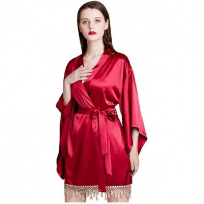 Robes Sleepwear Nightgown Women's Simulation Silk Tassel Stitching Pajamas Bathrobes - Gold 1 - CM198463QOY