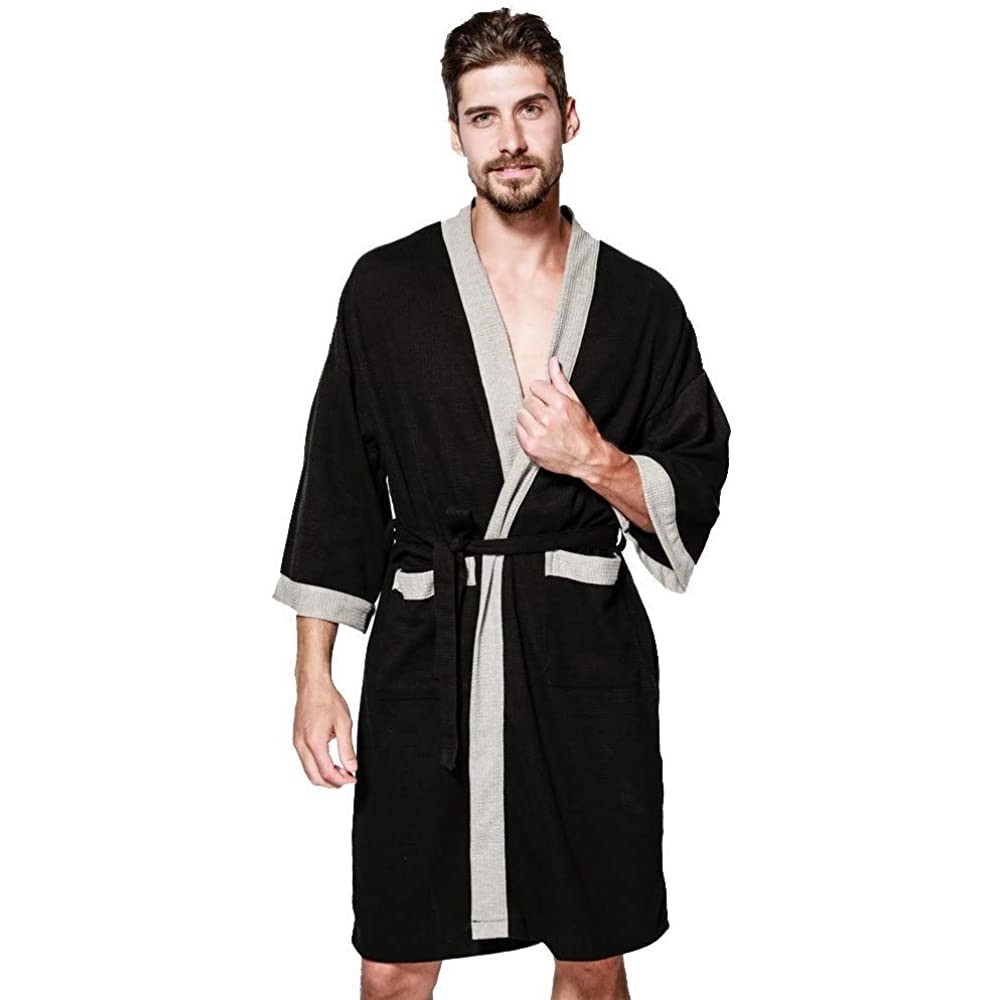 Robes Casual Men Sleepwear Long Sleeve Pocket Satin Loose Nightwear Top Blouse Robe Coat Black - CZ192QSMIY7