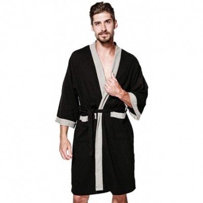 Robes Casual Men Sleepwear Long Sleeve Pocket Satin Loose Nightwear Top Blouse Robe Coat Black - CZ192QSMIY7