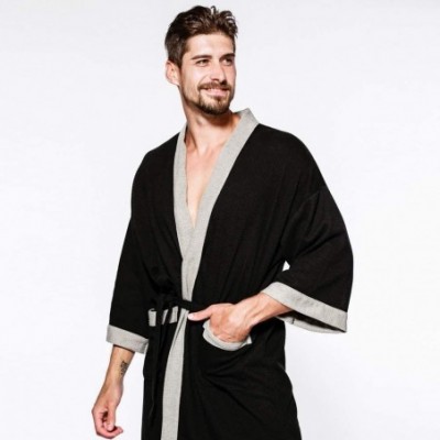 Robes Casual Men Sleepwear Long Sleeve Pocket Satin Loose Nightwear Top Blouse Robe Coat Black - CZ192QSMIY7