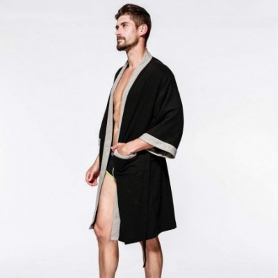 Robes Casual Men Sleepwear Long Sleeve Pocket Satin Loose Nightwear Top Blouse Robe Coat Black - CZ192QSMIY7