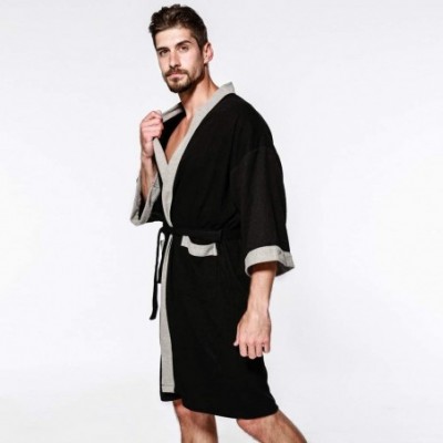 Robes Casual Men Sleepwear Long Sleeve Pocket Satin Loose Nightwear Top Blouse Robe Coat Black - CZ192QSMIY7