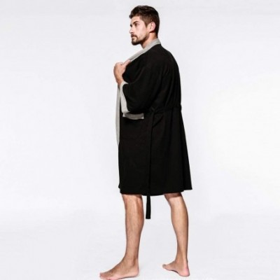 Robes Casual Men Sleepwear Long Sleeve Pocket Satin Loose Nightwear Top Blouse Robe Coat Black - CZ192QSMIY7