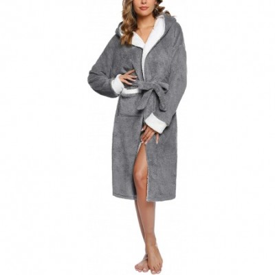 Robes Womens Long Fleece Robe with Shawl Collar Satin Trim Lined Soft Plush Bathrobe Striped Luxury Warm Hooded Dark Grey - C...