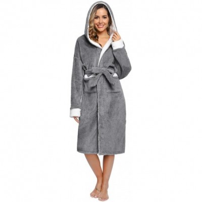 Robes Womens Long Fleece Robe with Shawl Collar Satin Trim Lined Soft Plush Bathrobe Striped Luxury Warm Hooded Dark Grey - C...