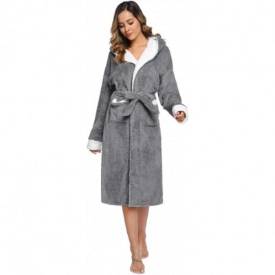 Robes Womens Long Fleece Robe with Shawl Collar Satin Trim Lined Soft Plush Bathrobe Striped Luxury Warm Hooded Dark Grey - C...