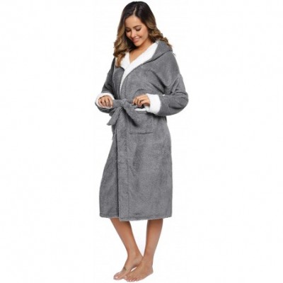 Robes Womens Long Fleece Robe with Shawl Collar Satin Trim Lined Soft Plush Bathrobe Striped Luxury Warm Hooded Dark Grey - C...