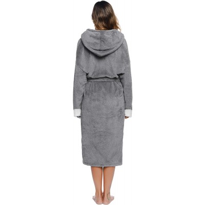 Robes Womens Long Fleece Robe with Shawl Collar Satin Trim Lined Soft Plush Bathrobe Striped Luxury Warm Hooded Dark Grey - C...