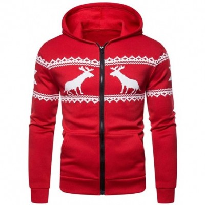 Thermal Underwear Men Christmas Elk Printing Patchwork Hoodie Coat Long Sleeve Sweatershirt Outwear - Red - CE18A73WY0L