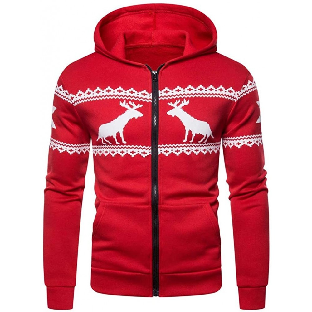 Thermal Underwear Men Christmas Elk Printing Patchwork Hoodie Coat Long Sleeve Sweatershirt Outwear - Red - CE18A73WY0L