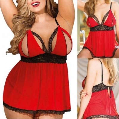 Baby Dolls & Chemises Plus Size Lingerie Red White Babydoll Ingerie for Women Sexy Lace Split Cup Sleepwear Chemise Set - Red...