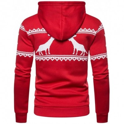 Thermal Underwear Men Christmas Elk Printing Patchwork Hoodie Coat Long Sleeve Sweatershirt Outwear - Red - CE18A73WY0L