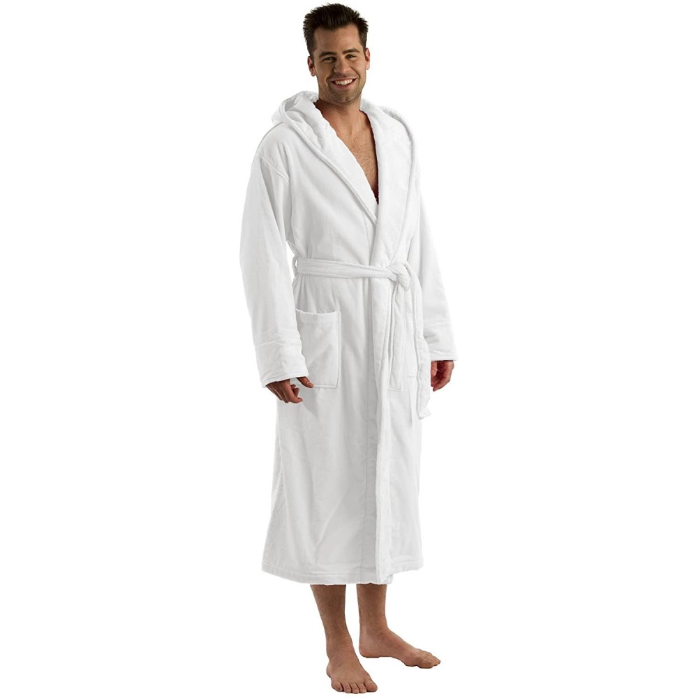 Robes Hooded Adult Robe For Men Women- Terry Cotton Bathrobe- WHITE- ONE SIZE - Whites - C1127H3RPTN