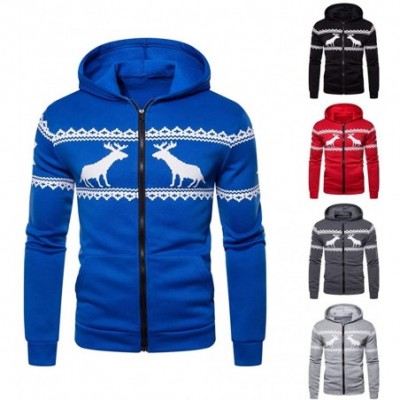 Thermal Underwear Men Christmas Elk Printing Patchwork Hoodie Coat Long Sleeve Sweatershirt Outwear - Red - CE18A73WY0L