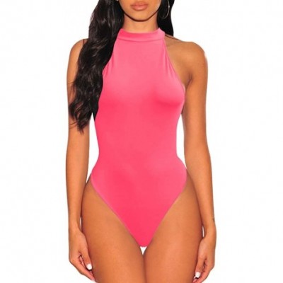 Shapewear Women's Sexy Sleeveless Bodysuit Tops High Waist Bodycon Scoop Neck Leotard - Fluorescent Pink - CA18XN2HKRA