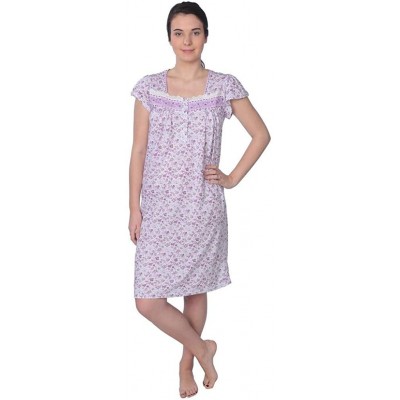 Nightgowns & Sleepshirts Women's Cotton Floral Print Short Sleeve Knit Nightgown - Purple With Lace Chest - CL18KGICLLG