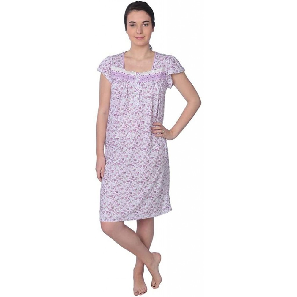 Nightgowns & Sleepshirts Women's Cotton Floral Print Short Sleeve Knit Nightgown - Purple With Lace Chest - CL18KGICLLG