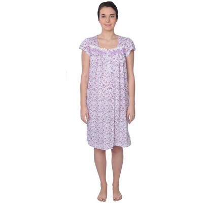 Nightgowns & Sleepshirts Women's Cotton Floral Print Short Sleeve Knit Nightgown - Purple With Lace Chest - CL18KGICLLG