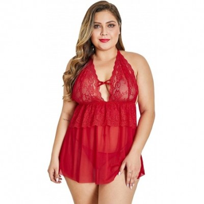 Baby Dolls & Chemises Women's Plus Size Lace See Through Lingerie Babydoll Chemise Nightie - Red 31263 - C11976LHYQ7