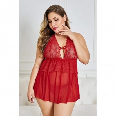 Baby Dolls & Chemises Women's Plus Size Lace See Through Lingerie Babydoll Chemise Nightie - Red 31263 - C11976LHYQ7