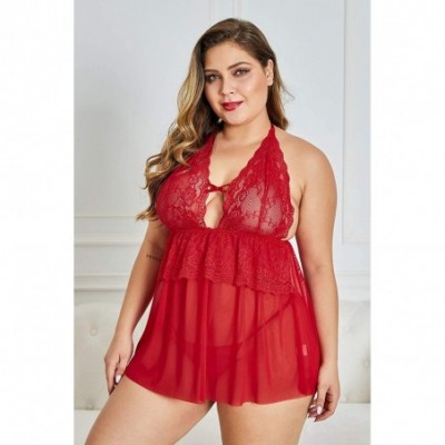 Baby Dolls & Chemises Women's Plus Size Lace See Through Lingerie Babydoll Chemise Nightie - Red 31263 - C11976LHYQ7