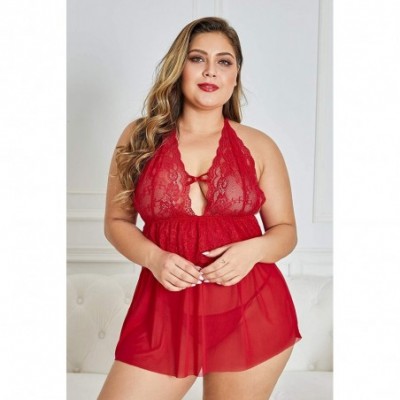 Baby Dolls & Chemises Women's Plus Size Lace See Through Lingerie Babydoll Chemise Nightie - Red 31263 - C11976LHYQ7