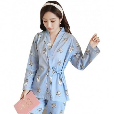 Sets Womens Sleepwear Nightwear Lounge Sets Long and Short Sleeve Japanese Style Cotton Quilting Pajama Set Blue/Cat - C2187H...