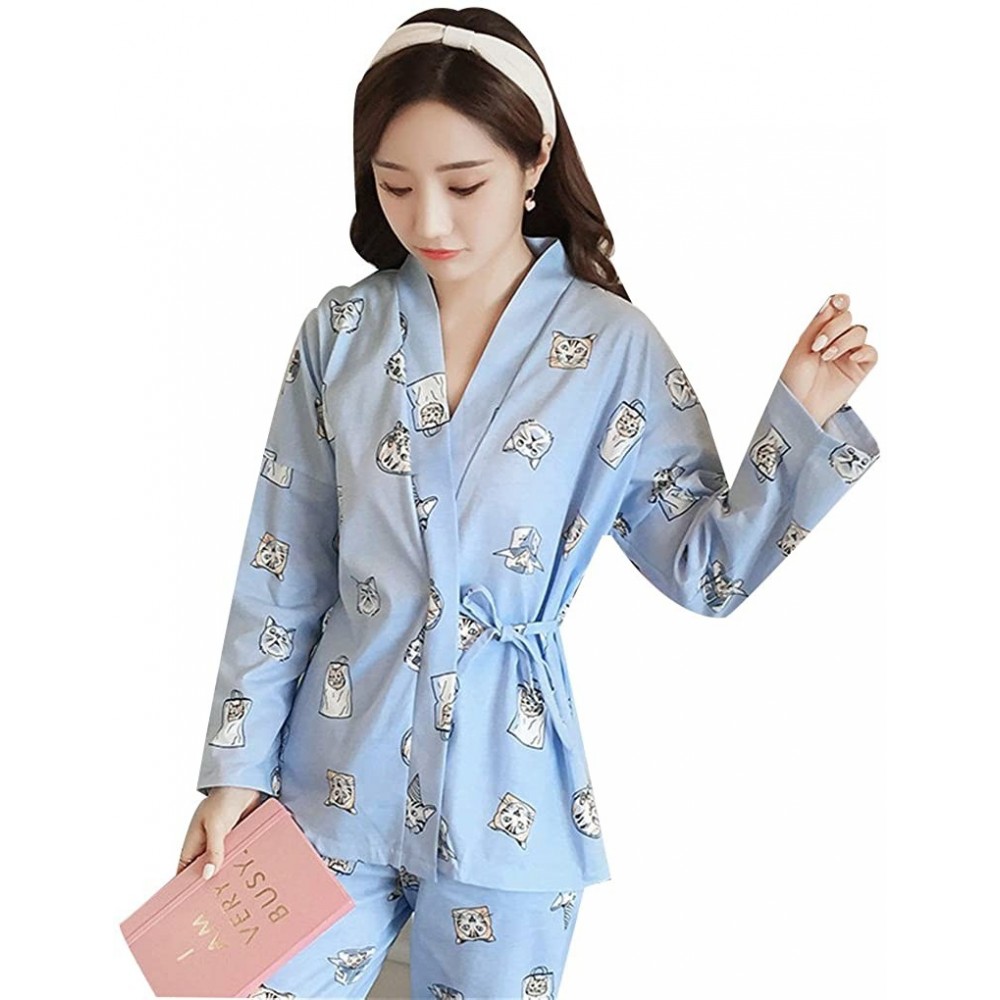 Sets Womens Sleepwear Nightwear Lounge Sets Long and Short Sleeve Japanese Style Cotton Quilting Pajama Set Blue/Cat - C2187H...