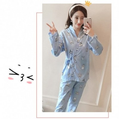 Sets Womens Sleepwear Nightwear Lounge Sets Long and Short Sleeve Japanese Style Cotton Quilting Pajama Set Blue/Cat - C2187H...