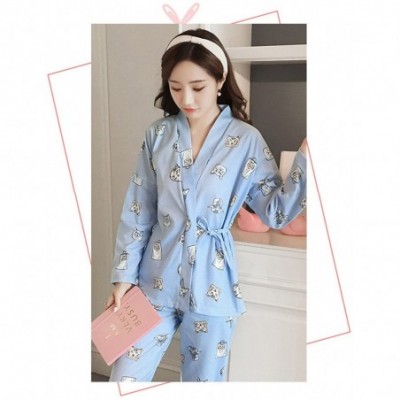 Sets Womens Sleepwear Nightwear Lounge Sets Long and Short Sleeve Japanese Style Cotton Quilting Pajama Set Blue/Cat - C2187H...