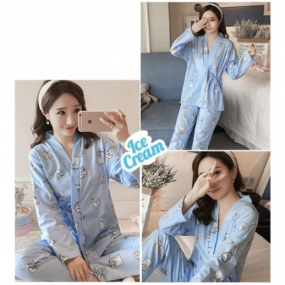 Sets Womens Sleepwear Nightwear Lounge Sets Long and Short Sleeve Japanese Style Cotton Quilting Pajama Set Blue/Cat - C2187H...