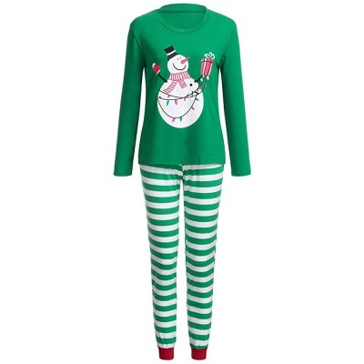 Sleep Sets Christmas Snowman Print Solid Color Tops Elastic Waist Stripes Harem Pajamas Pants Family Matching Pajamas Set - W...