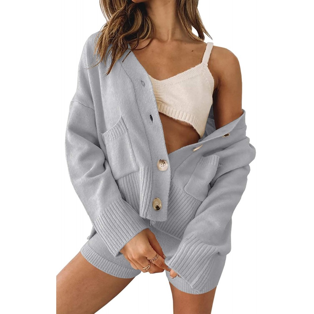 Sets Womens Sexy Sweater Set Long Sleeve Soft Pajama Casual Coat Loose Pullover - Grey - CK19D7ZKWIY