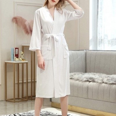 Robes Womens Terry Cloth Bathrobe Lightweight Robe Long Knit Bathrobe Soft Sleepwear V Neck Ladies Nightwear Robe White - CI1...