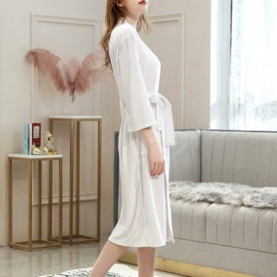 Robes Womens Terry Cloth Bathrobe Lightweight Robe Long Knit Bathrobe Soft Sleepwear V Neck Ladies Nightwear Robe White - CI1...