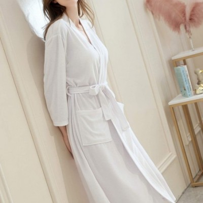 Robes Womens Terry Cloth Bathrobe Lightweight Robe Long Knit Bathrobe Soft Sleepwear V Neck Ladies Nightwear Robe White - CI1...