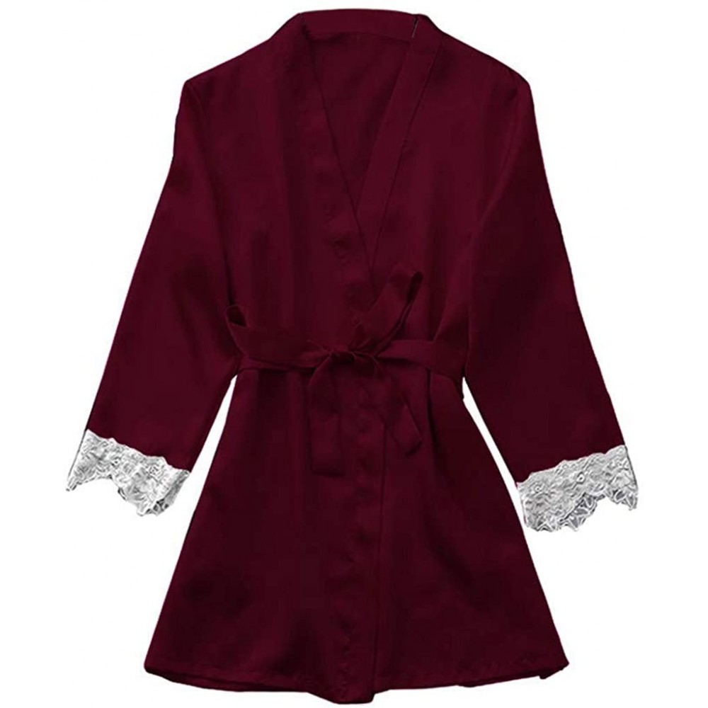 Robes Women Sleepwear Satin Kimono Robe Lace Bathrobe Solid Color Nightgown for Pajamas Party - Wine Red - CA196IULH5E