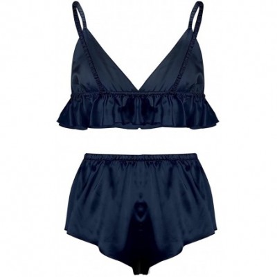 Bikinis Men's 2 Pieces Sissy Lingerie Silky Bra Top Loose Crossdress Panties Set - Navy Blue - CQ18IIWUMC0