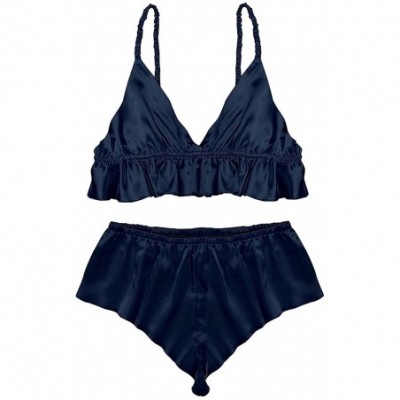 Bikinis Men's 2 Pieces Sissy Lingerie Silky Bra Top Loose Crossdress Panties Set - Navy Blue - CQ18IIWUMC0