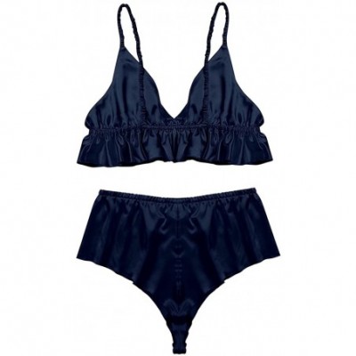 Bikinis Men's 2 Pieces Sissy Lingerie Silky Bra Top Loose Crossdress Panties Set - Navy Blue - CQ18IIWUMC0