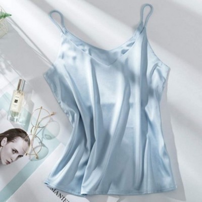 Robes Women Satin Pajamas Fashion Silk Sling Sexy Lingerie Underwear Sleepwear Tank Top - Blue - CP197LTKYEL