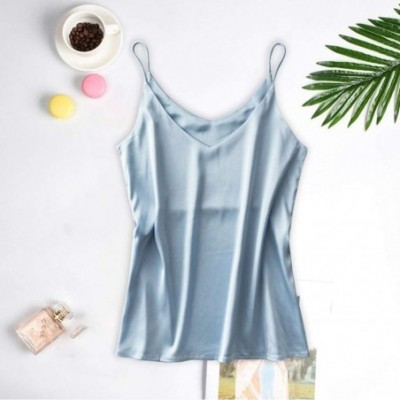 Robes Women Satin Pajamas Fashion Silk Sling Sexy Lingerie Underwear Sleepwear Tank Top - Blue - CP197LTKYEL