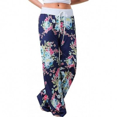 Bottoms Women's Comfy Casual Stretch Pants Floral Print Drawstring Palazzo Lounge Pants Wide Leg - Dblue - CR19CLK5HLL