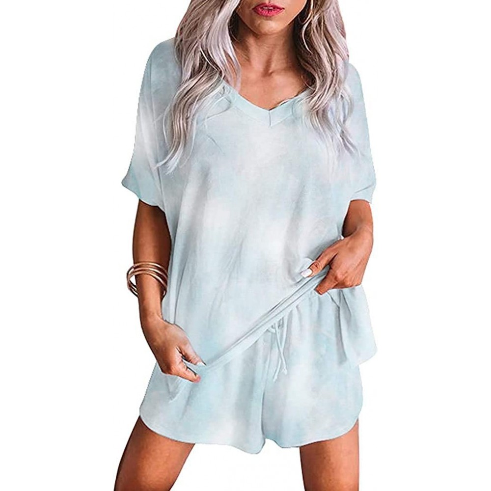 Sets Women's Casual Tie Dye Printed Pajama Sets Nightwear Top with Shorts - Hs031 Baby Blue - C2199HS3A29