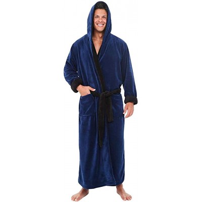 Robes Hooded Bathrobe Men's Winter Plush Shawl Home Clothes Long Sleeve Robe Coat Thick Warm Pocket Sleepwear - Blue - CO194G...