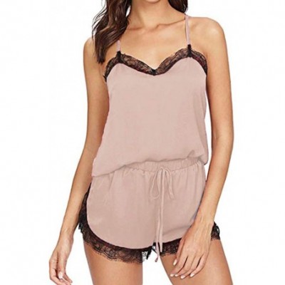 Tops Pajamas Set Lace Sleeveless Sleepwear Satin Cami Shorts Nightwear Sexy Lingerie Two Piece - B-beige - CH195CT9T9T