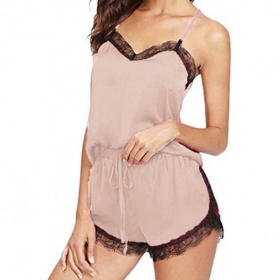 Tops Pajamas Set Lace Sleeveless Sleepwear Satin Cami Shorts Nightwear Sexy Lingerie Two Piece - B-beige - CH195CT9T9T