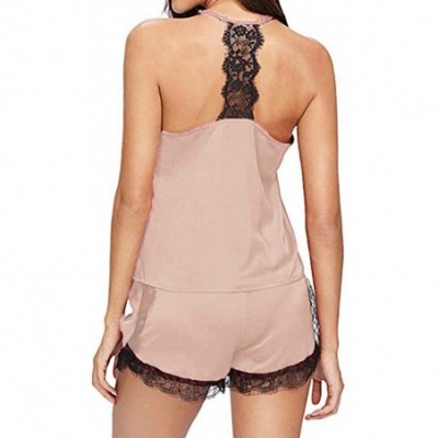 Tops Pajamas Set Lace Sleeveless Sleepwear Satin Cami Shorts Nightwear Sexy Lingerie Two Piece - B-beige - CH195CT9T9T