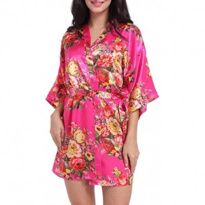 Robes Womens Silk Satin Floral Printed Kimono Robes Short Sleepwear Dressing Gown with 3/4 Sleeve - Hot Pink - CT197QGS05E